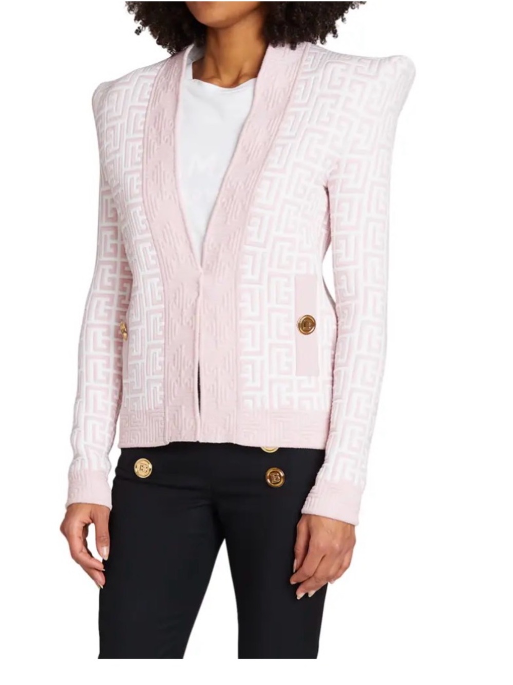 Balmain Pink White Monogram Jacquard Knit Cardigan Gold Buttons size 36/ US 4